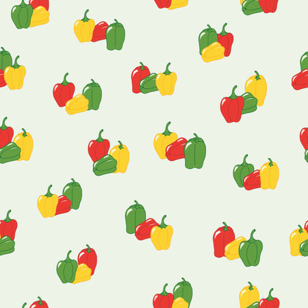 Yellow, Red, and Green Bell Peppers Scattered on a Pale Green Background creating a seamless pattern print backgroundのイラスト素材