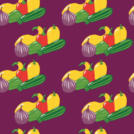 Onion, Bell Peppers, Squash, and Zucchini Grouped and Aligned on an Onion Red Background creating a seamless pattern print backgroundのイラスト素材