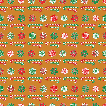 Christmas Candy and Candy Canes in Traditional Red and Green in Horizontal Stripes on Gingerbread Brown background creating a seamless pattern print backgroundのイラスト素材