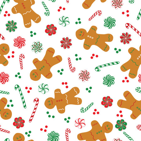 Christmas Gingerbread Men Cookies and Candies in Traditional Red and Green Scattered on a White background creating a seamless pattern print backgroundのイラスト素材