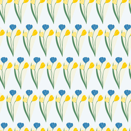 Colorful Abstract Tulips in a Kite Shape Geometric Stripe with Indigo Blue, Yellow Ochre, and Hunter Green design creating a seamless pattern print backgroundのイラスト素材