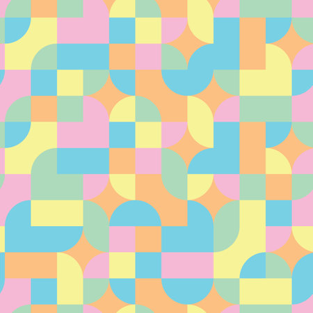 Colorful Soft Pastel Blocks of Teal Blue, Lemon Yellow, Mint Green, Carnation Pink and Tangerine Orange in an Abstract Geometric design creating a seamless pattern print backgroundのイラスト素材