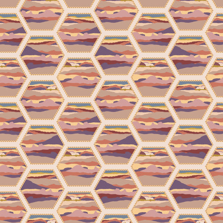 Painted Desert of the American Western Country in Hexagons with Rope Frames creating a seamless pattern print backgroundのイラスト素材