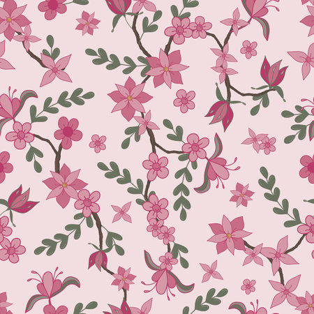 Stylized Pale Rose and Fuchsia and Pastel Carnation Pink Flowers on Trailing Vines on Baby Pink Background creating a seamless pattern print backgroundのイラスト素材