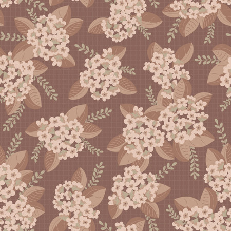 Hydrangeas in Mocha Mousse Cream Colors Scattered on Dark Coffee background creating a seamless pattern print backgroundのイラスト素材