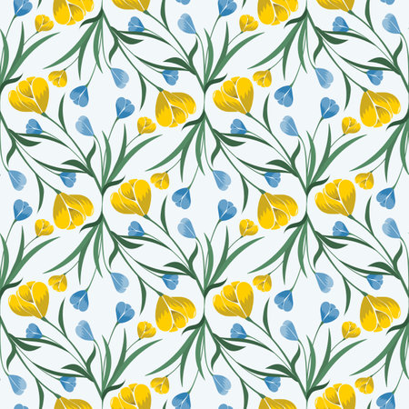Colorful Abstract Tulips in an Ogee Shape with Yellow Ochre, Indigo Blue, and Hunter Green design creating a seamless pattern print backgroundのイラスト素材