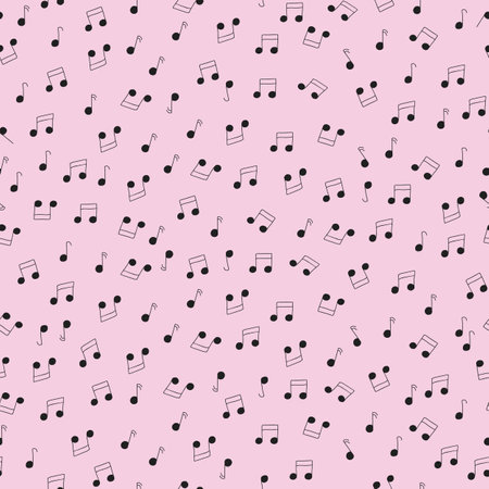 Ditsy Black Music Notes Scattered on Baby Pink background creating a seamless pattern print backgroundのイラスト素材