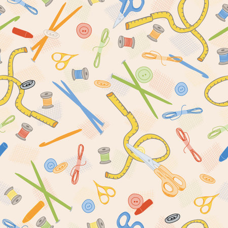 Crafty Corner Colorful Craft Tools on Ecru background creating a seamless pattern print backgroundのイラスト素材