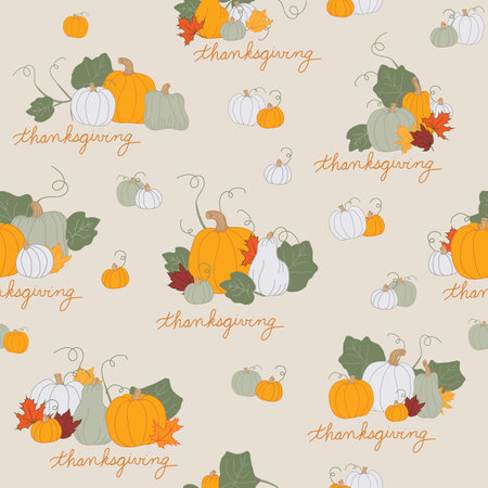 Festive Fall Thanksgiving Pumpkins, Gourds and Leaves on a Khaki Beige background creating a seamless pattern print backgroundのイラスト素材