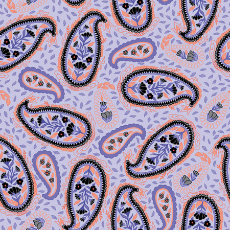 Halloween Paisleys in Purple Orange and Black in a Non Directional Tossed Design creating a seamless pattern printのイラスト素材