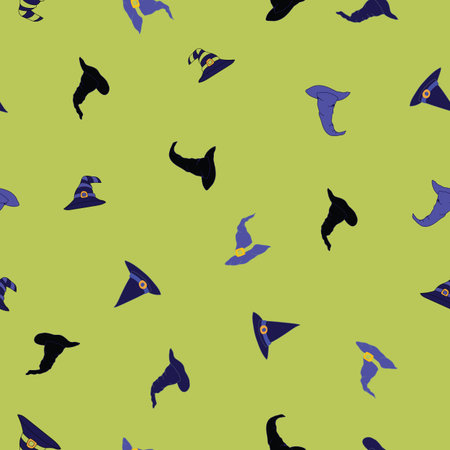 Spooky Witch Hats Tossed in a Non Directional Pattern on a Halloween Lime Green Background creating a seamless pattern printのイラスト素材