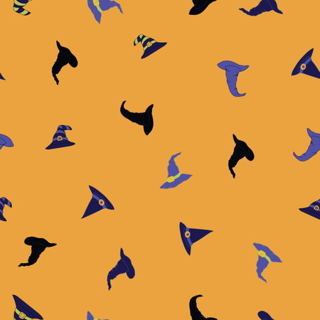Spooky Witch Hats Tossed in a Non Directional Pattern on a Halloween Pumpkin Orange Background...