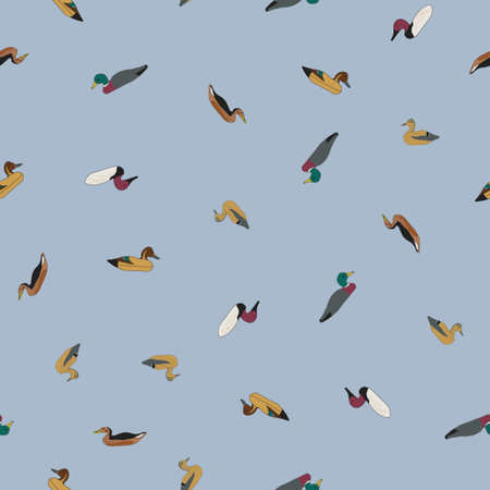Ditsy Vintage Decoy Ducks Tossed on a Sky Blue Background creating a seamless pattern printのイラスト素材