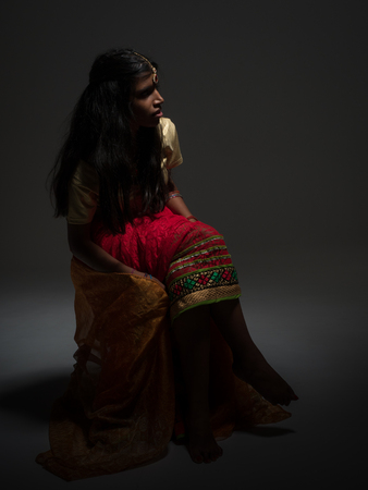 Beautiful young indian woman with long and dark hair and nice lips sat wearing a sari