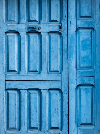Blue old wooden door background / textureの写真素材