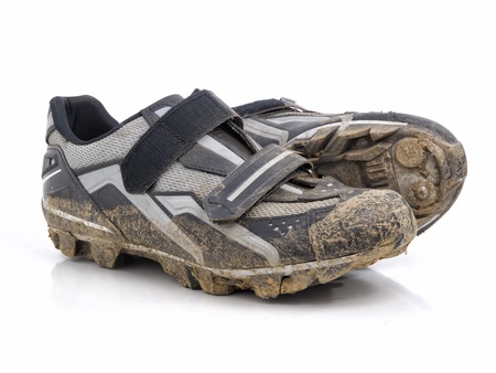 mountain bike shoes on white backgroundの写真素材