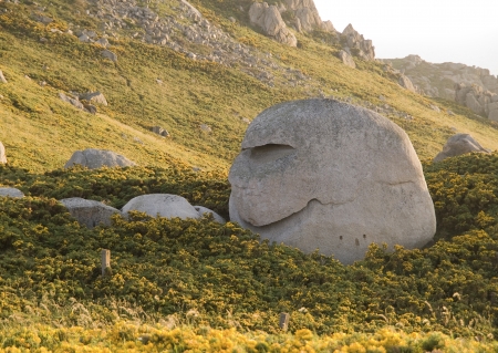 A rock-shaped head and smiling face located on a hill on a sunny dayのeditorial素材