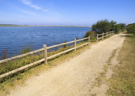 footpath on the shore of the lake on a sunny day. The composition is diagonal and the picture is not...