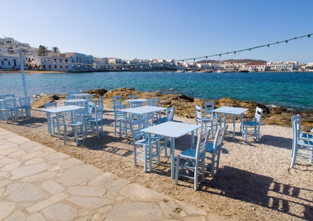 Terrace at a cafe in Mykonos in a sunny dayの写真素材