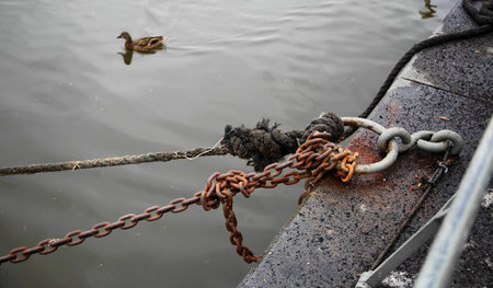 Rusty chain tied to an iron ring on the wharfの写真素材