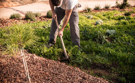 Boots stepping on the ground with hoe and rake for agriculture, ecologic farm work and gardening