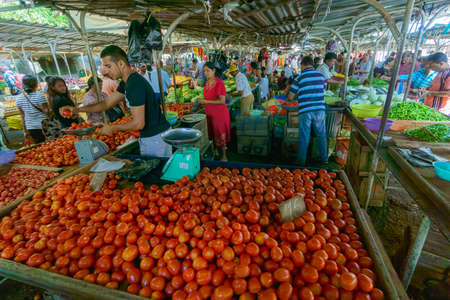 Local traditional market where vendors display various vegetables for saleのeditorial素材