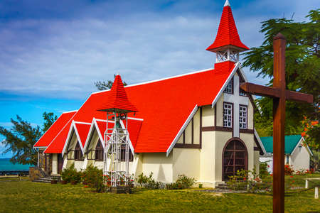Red roofed catholic chapel in the north coast of the island of Mauritiusのeditorial素材