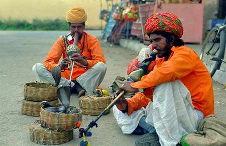 Snake charmers playing their music to the snakes in Jaipur, India