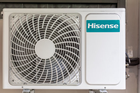 White Hisense outdoor unit of AC compressorの写真素材