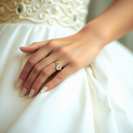 Manicured hand of a bride in white wedding dress with a ring on her ring fingerの素材