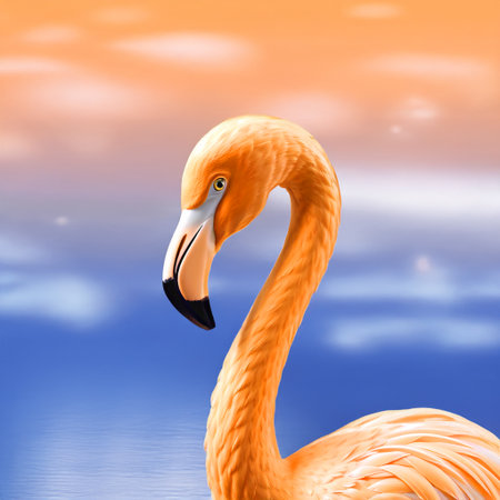 Flamingo bird on water at sunsetの素材