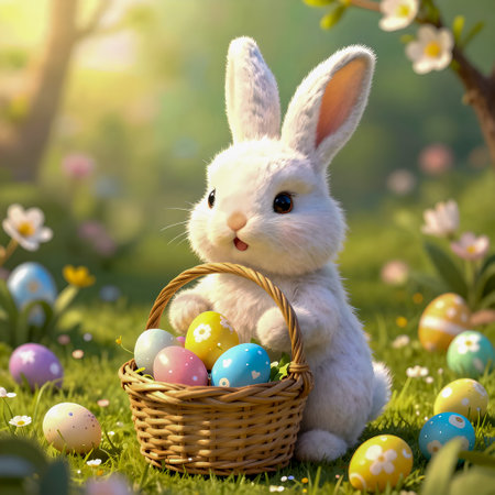 Easter Bunny with colourful eggs in spring gardenの素材