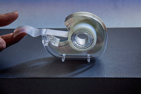 Hand pulling clear tape from dispenserの写真素材