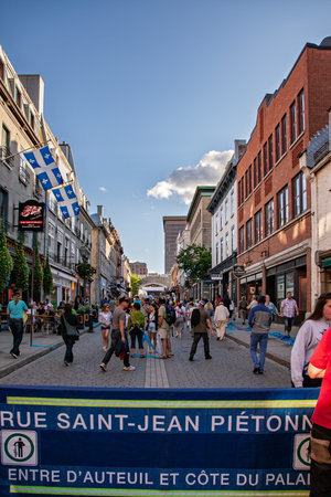 Busy pedestrian Saint- Jean street in the old town of Quebec City, Canadaのeditorial素材