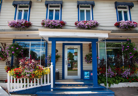 Charming flower boutique with flower-filled entrance and flower-framed windowsのeditorial素材
