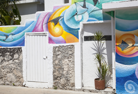 Colorful exterior of the house in San Miguel resort town (Cozumel island, Mexico).のeditorial素材
