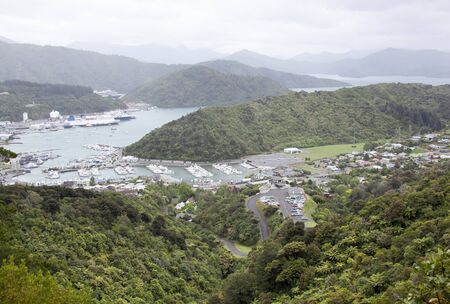 The view of Picton resort town on a rainy day (New Zealand).の写真素材