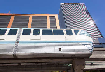 The above street train passing by in Seattle downtown (Washington).