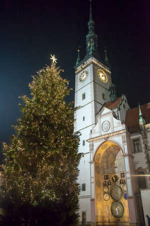 The Christmas tree by the city hall in historic Olomouc old town (Czech Republic).の写真素材