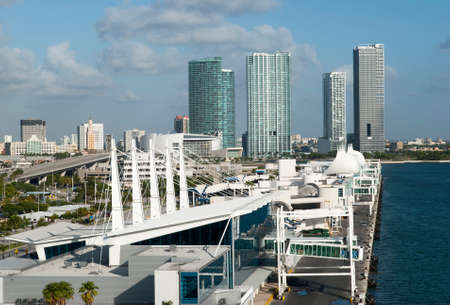 The view of the port terminal with Miami downtown in a background (Florida).の写真素材