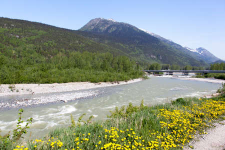 The view of Skagway River in Skagway town with AB Mountain in a background.の写真素材