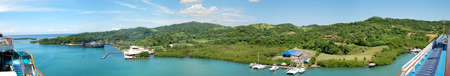 180 degree panorama view from the cruise liner of Roatan island (Honduras).の写真素材