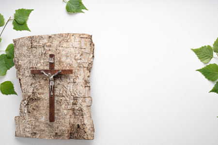 Christian PeChristian Pentecost. Whit Sunday. A cross with a birch branch on a white, green, red and black backgroundの写真素材