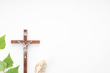 Christian PeChristian Pentecost. Whit Sunday. A cross with a birch branch on a white, green, red and black backgroundの写真素材