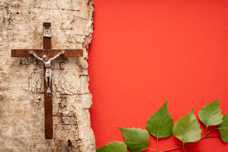Christian PeChristian Pentecost. Whit Sunday. A cross with a birch branch on a white, green, red and black backgroundの写真素材