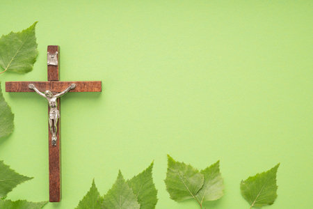 Christian PeChristian Pentecost. Whit Sunday. A cross with a birch branch on a white, green, red and black backgroundの写真素材