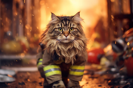 The cat works instead of people. Background, wallpaper. Comic background. Cartoon character face. Generated AIの写真素材