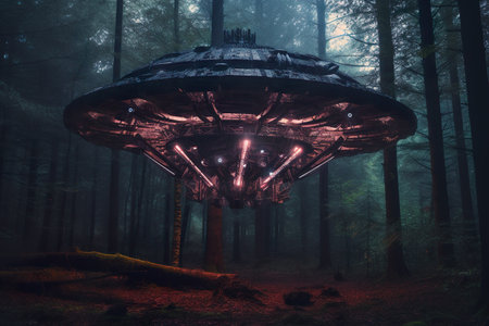Vintage realistic illustration with alien ship on light background for concept design. Alien ship in 3d style on blue background. AI generatedの素材