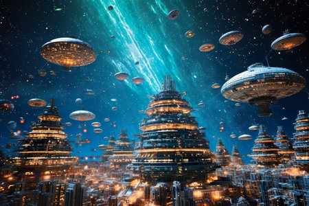Vintage realistic illustration with alien ship on light background for concept design. Alien ship in 3d style on blue background. AI generatedの素材