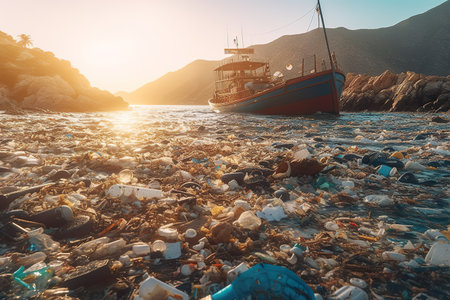 Fishing boat on the shore of the sea. Environmental pollution conceptの写真素材